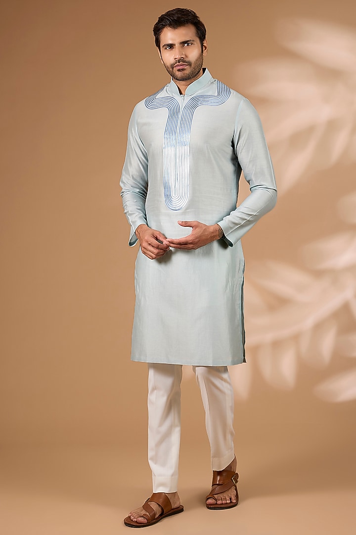 Ice Blue Chanderi Silk Kurta by Amit Aggarwal Men at Pernia's Pop Up Shop