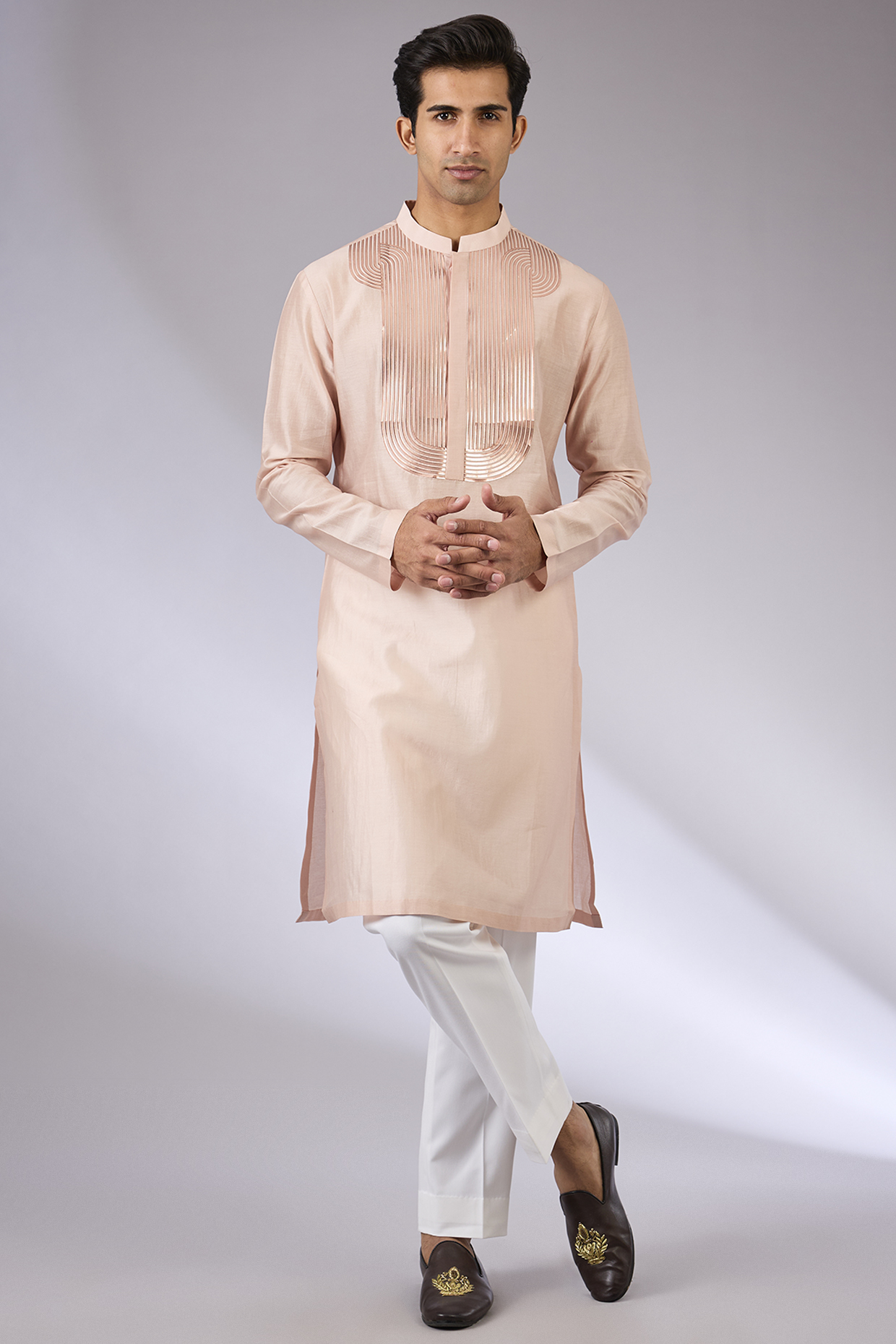 Blush Chanderi Silk & Tussar Silk Kurta Set by Amit Aggarwal Men