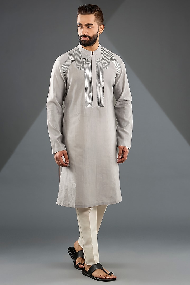 Steel-Colored Chanderi Silk & Tussar Silk Cotton Kurta Set by Amit Aggarwal Men at Pernia's Pop Up Shop