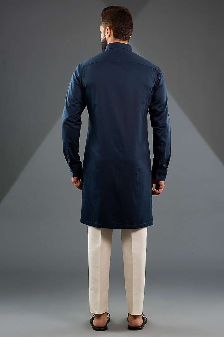 Ink Blue Chanderi Silk & Tussar Silk Cotton Kurta Set by Amit Aggarwal Men at Pernia's Pop Up Shop