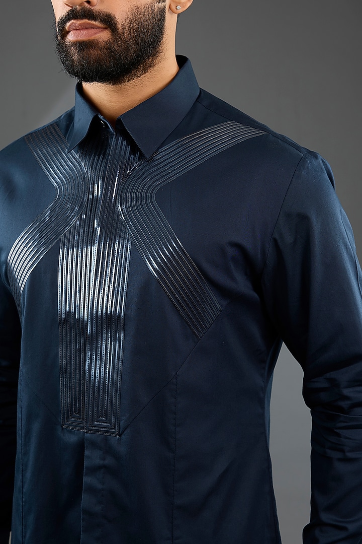 Ink Blue Chanderi Silk & Tussar Silk Cotton Kurta Set by Amit Aggarwal Men at Pernia's Pop Up Shop