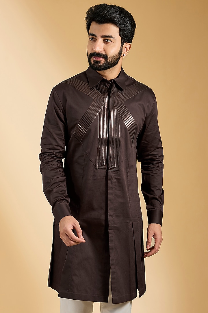 Brown Silk & Chanderi Kurta by Amit Aggarwal Men
