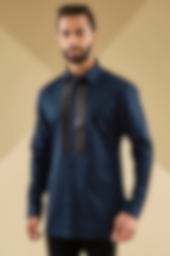 Ink Blue Cotton Satin Handwoven Metallic Polymer Wedding Shirt by Amit Aggarwal Men at Pernia's Pop Up Shop