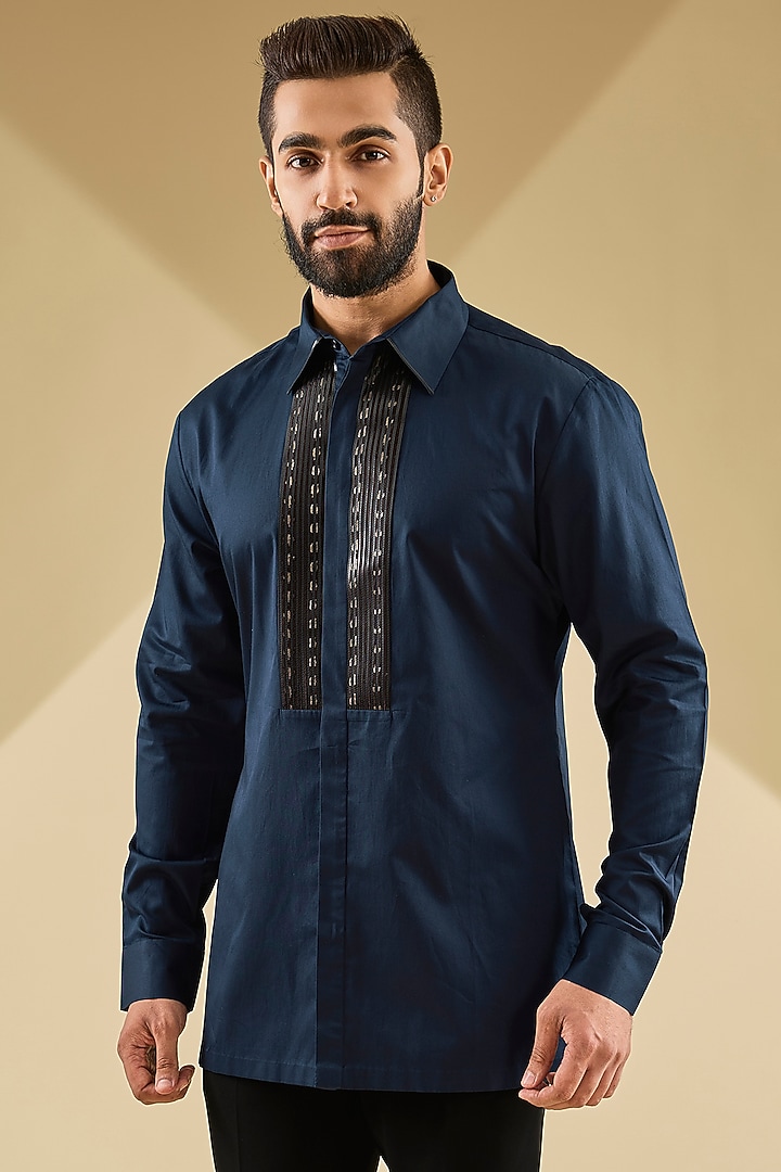 Ink Blue Cotton Satin Handwoven Metallic Polymer Wedding Shirt by Amit Aggarwal Men at Pernia's Pop Up Shop