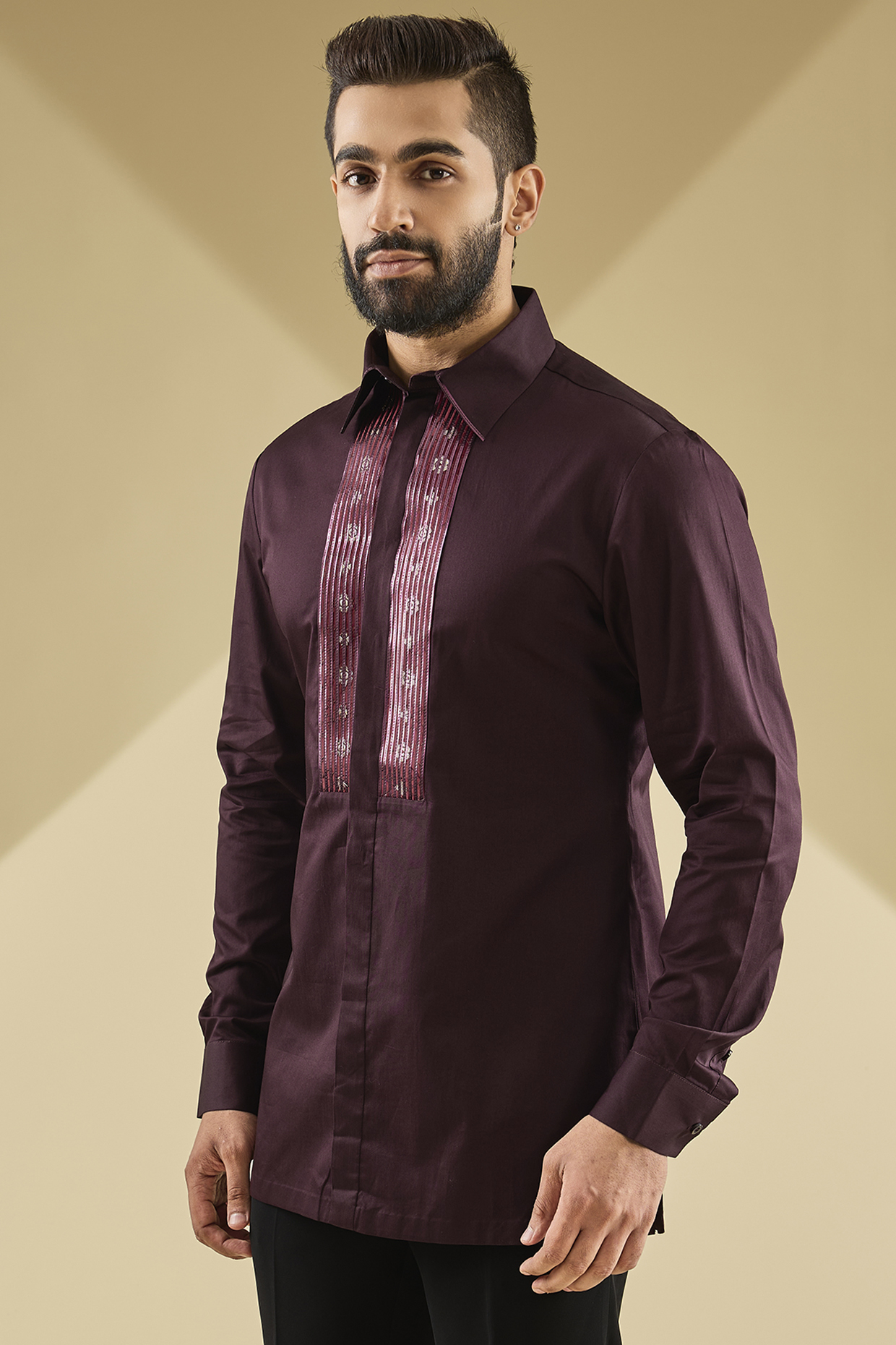 Plum Cotton Satin Handwoven Metallic Polymer Shirt by Amit Aggarwal Men