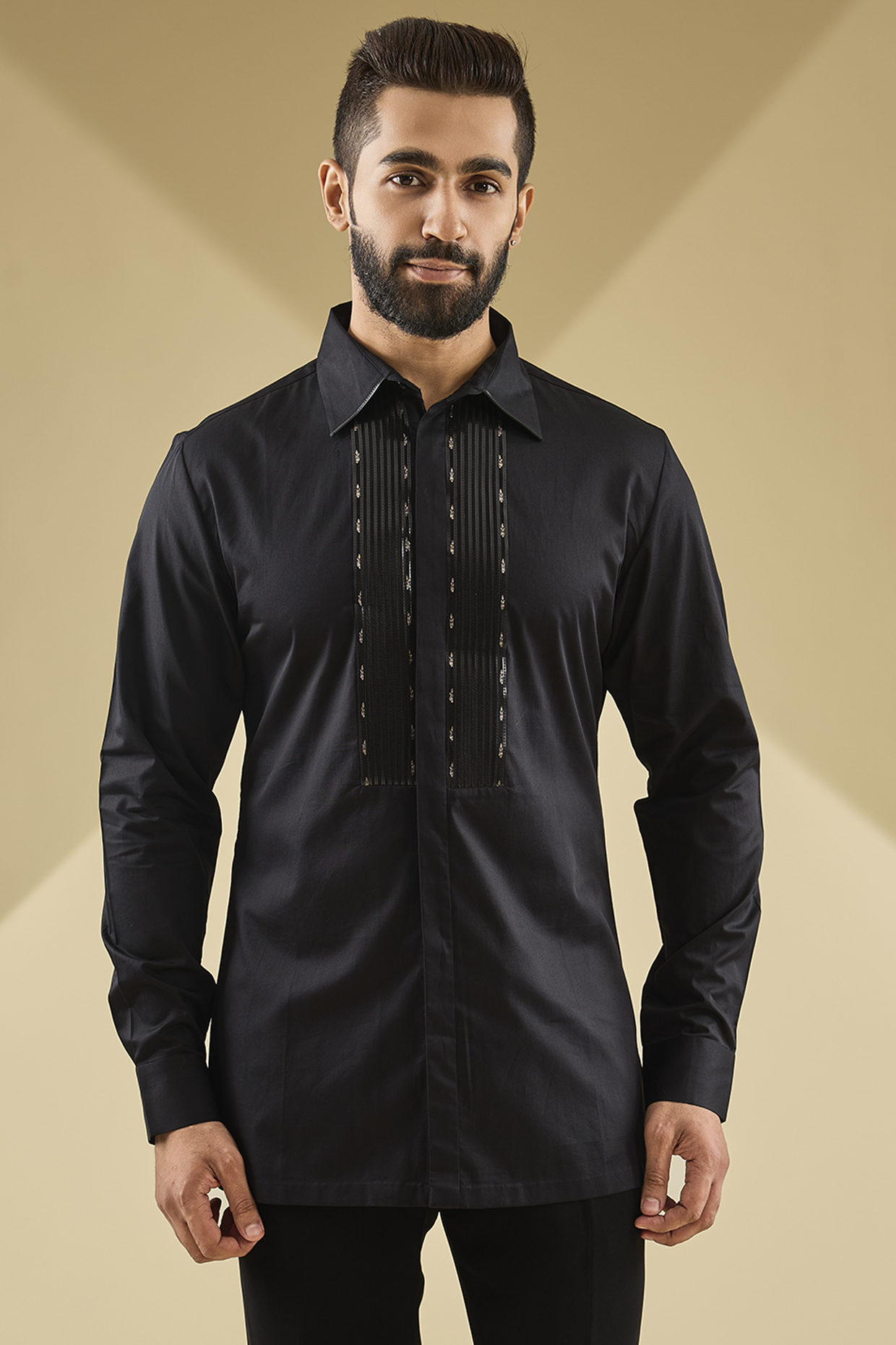 Black Cotton Satin Handwoven Metallic Polymer Shirt by Amit Aggarwal Men