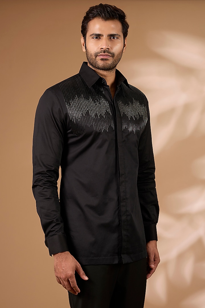 Black Satin Cotton Shirt by Amit Aggarwal Men