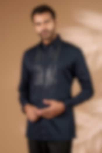 Ink Blue Satin Cotton Shirt by Amit Aggarwal Men