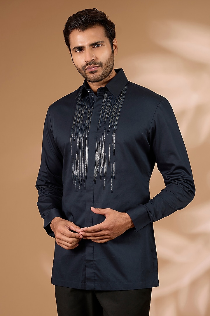Ink Blue Satin Cotton Shirt by Amit Aggarwal Men