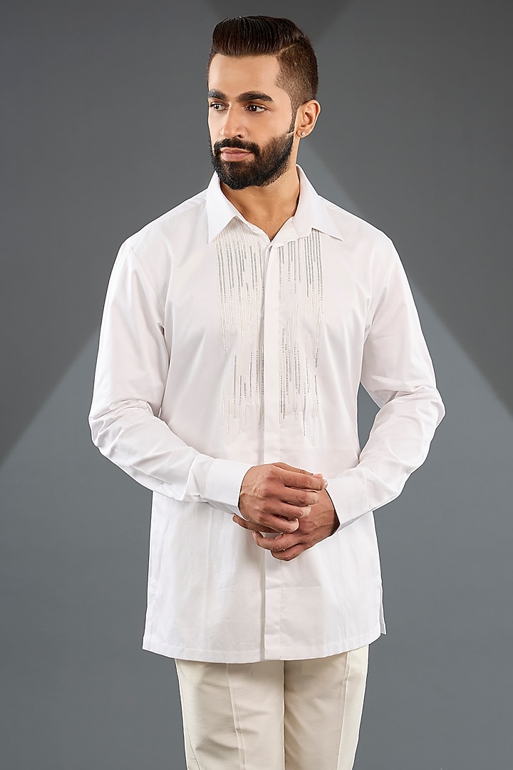 White Satin Cotton Wedding Shirt by Amit Aggarwal Men at Pernia's Pop Up Shop