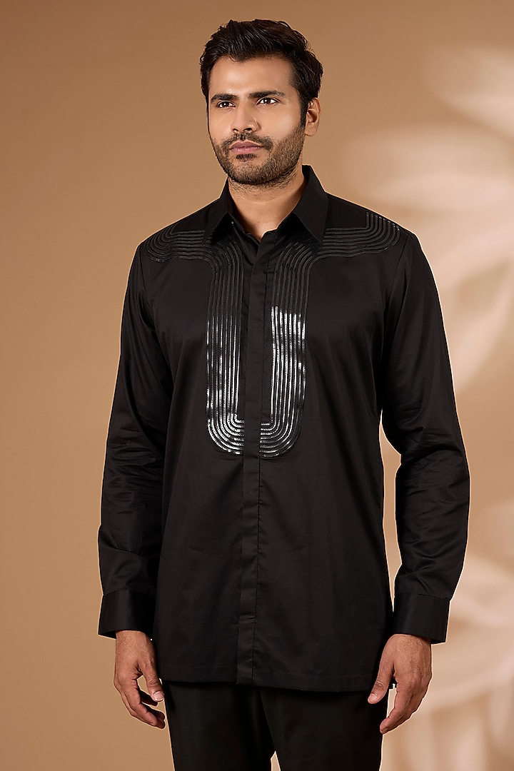 Black Satin Cotton Shirt by Amit Aggarwal Men
