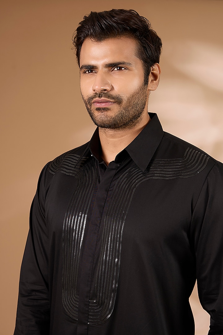 Black Satin Cotton Wedding Shirt by Amit Aggarwal Men at Pernia's Pop Up Shop