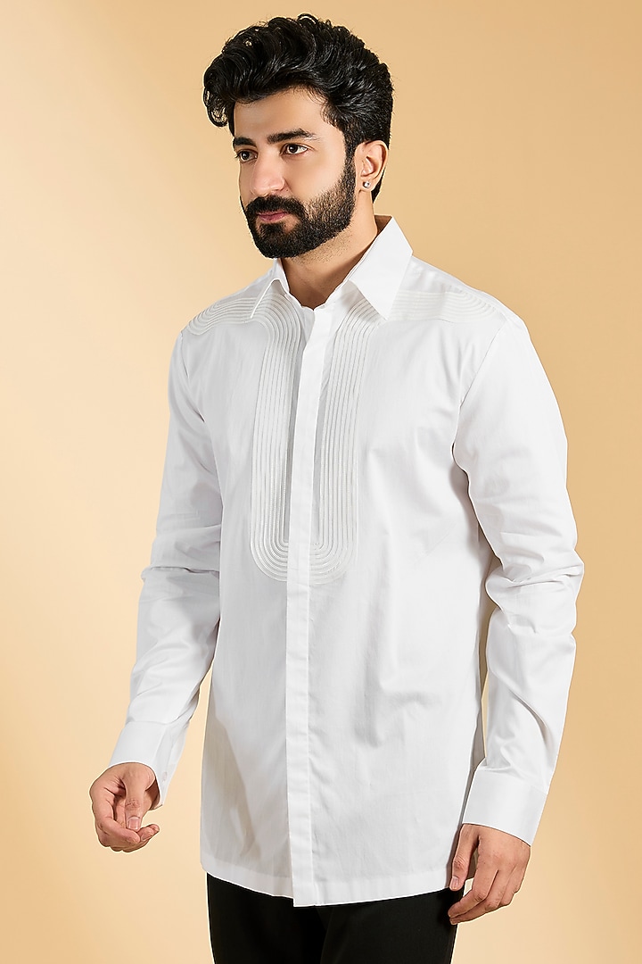White Cotton Satin Shirt by Amit Aggarwal Men