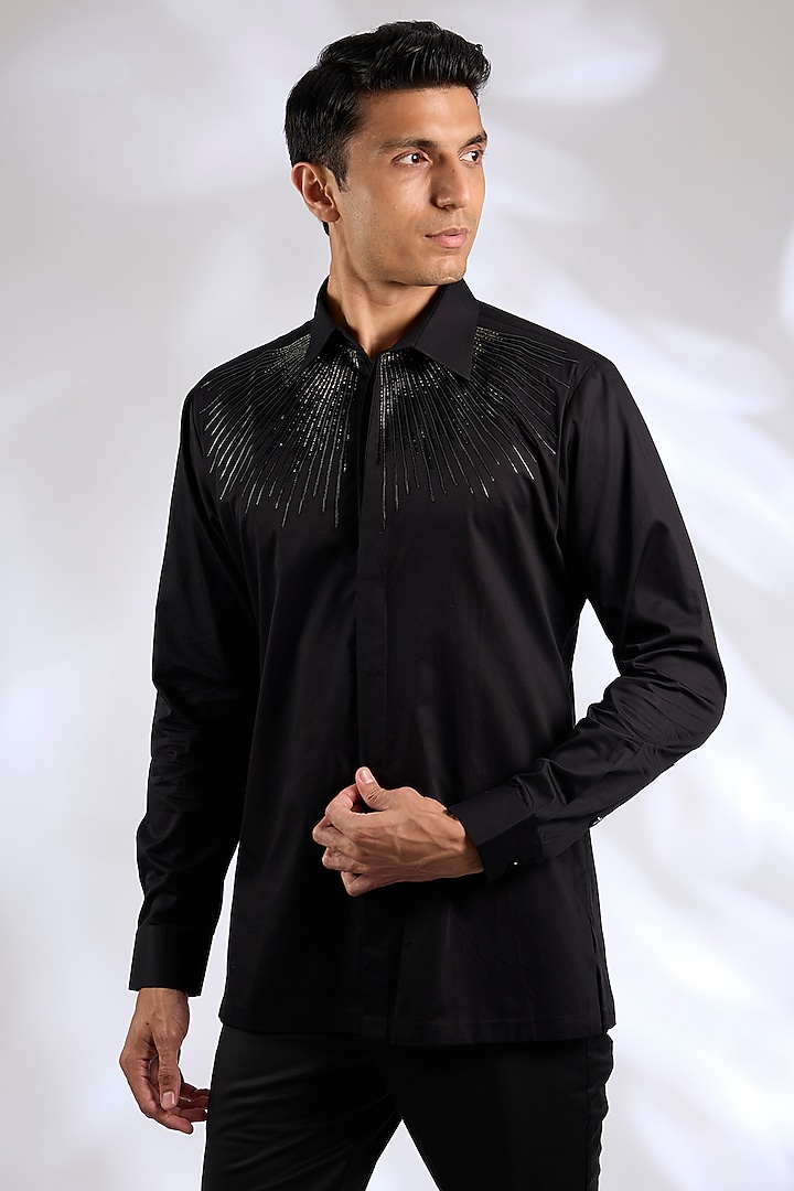 Black Satin Cotton Shirt by Amit Aggarwal Men