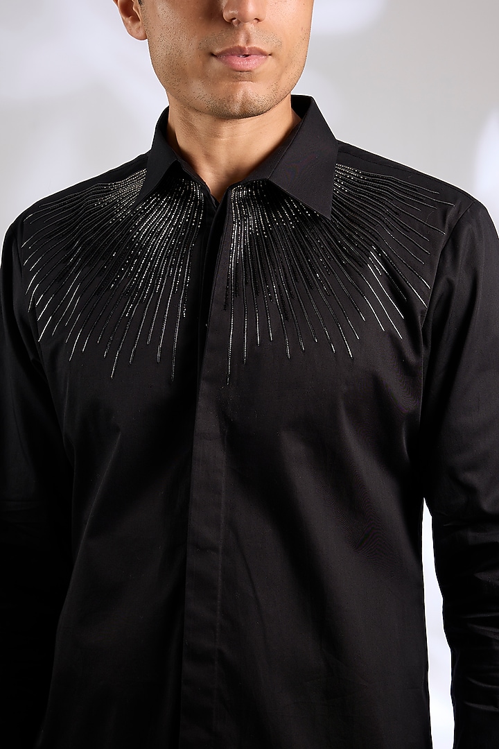Black Satin Cotton Wedding Shirt by Amit Aggarwal Men at Pernia's Pop Up Shop