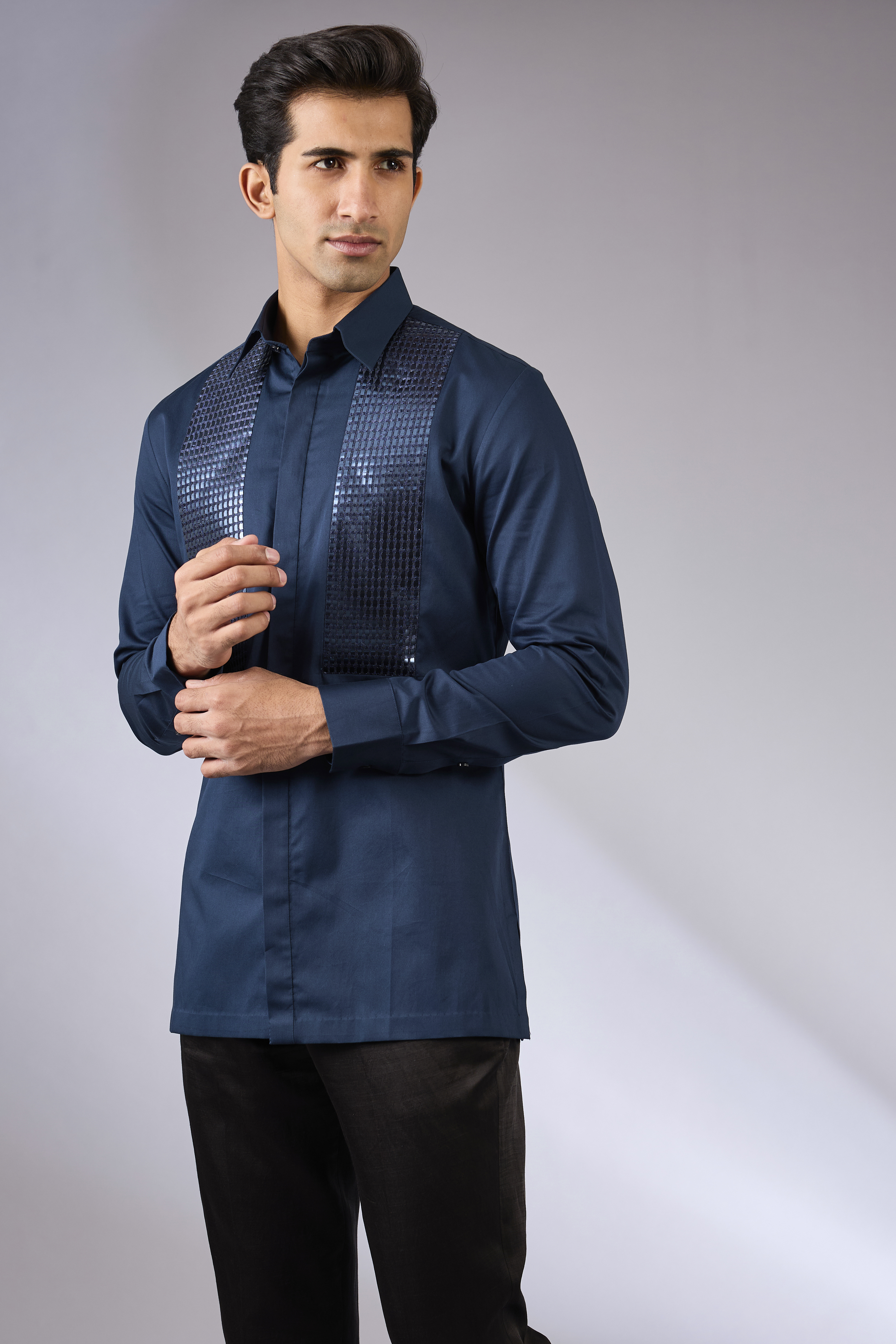 Ink Blue Cotton Satin Shirt by Amit Aggarwal Men