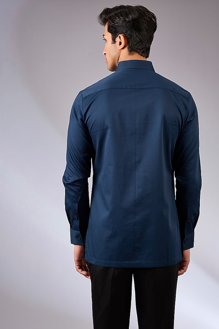 Ink Blue Cotton Satin Wedding Shirt by Amit Aggarwal Men at Pernia's Pop Up Shop