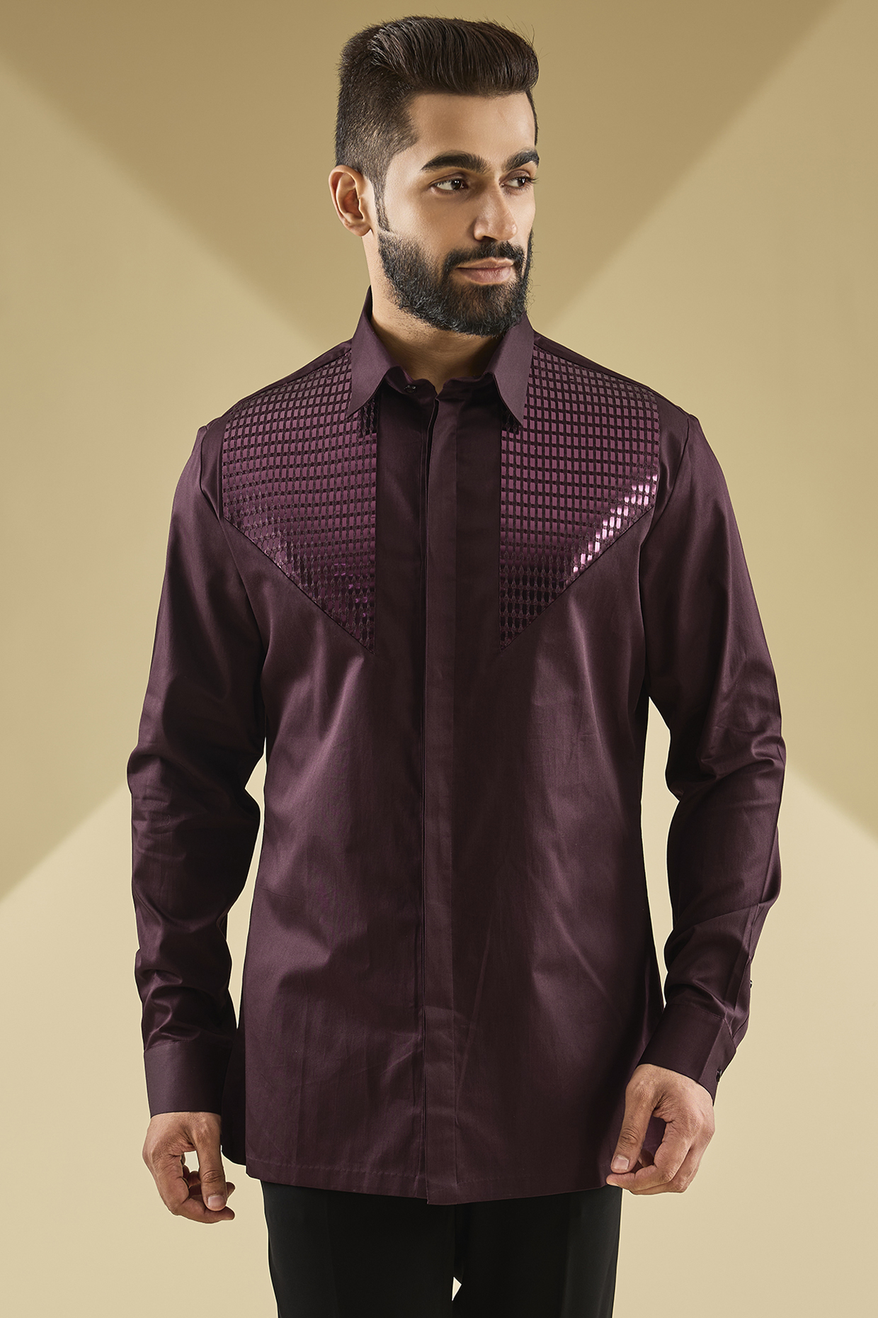 Plum Cotton Satin Handwoven Metallic Polymer Shirt by Amit Aggarwal Men