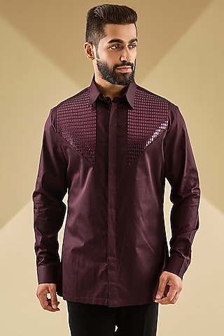 Plum Cotton Satin Handwoven Metallic Polymer Shirt by Amit Aggarwal Men