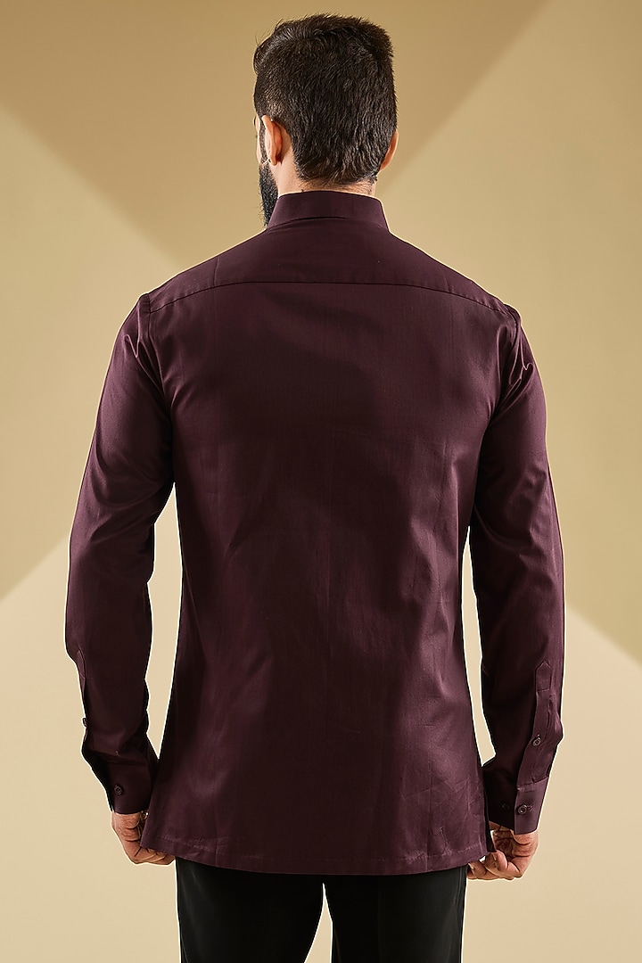 Plum Cotton Satin Handwoven Metallic Polymer Wedding Shirt by Amit Aggarwal Men at Pernia's Pop Up Shop
