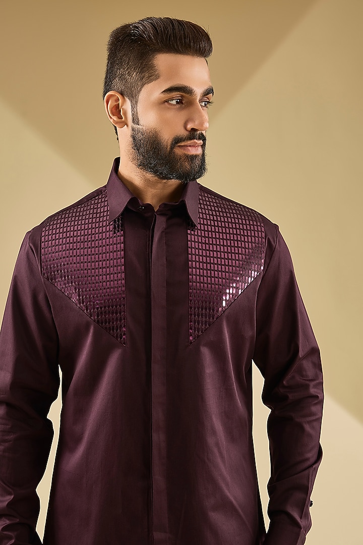 Plum Cotton Satin Handwoven Metallic Polymer Wedding Shirt by Amit Aggarwal Men at Pernia's Pop Up Shop