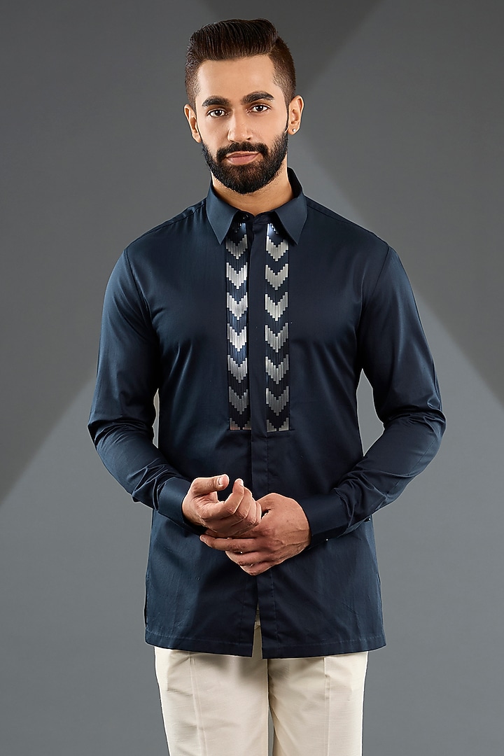 Ink Blue Satin Cotton Wedding Shirt by Amit Aggarwal Men at Pernia's Pop Up Shop