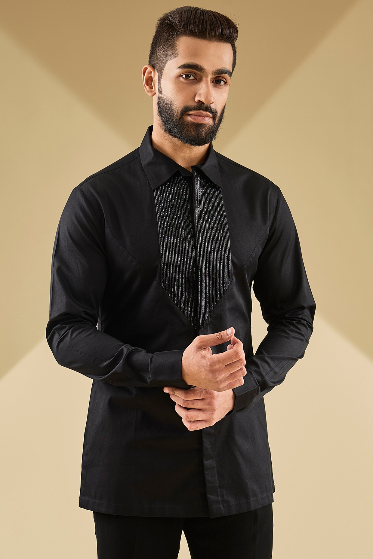 Black Cotton Satin Handwoven Metallic Polymer Wedding Shirt by