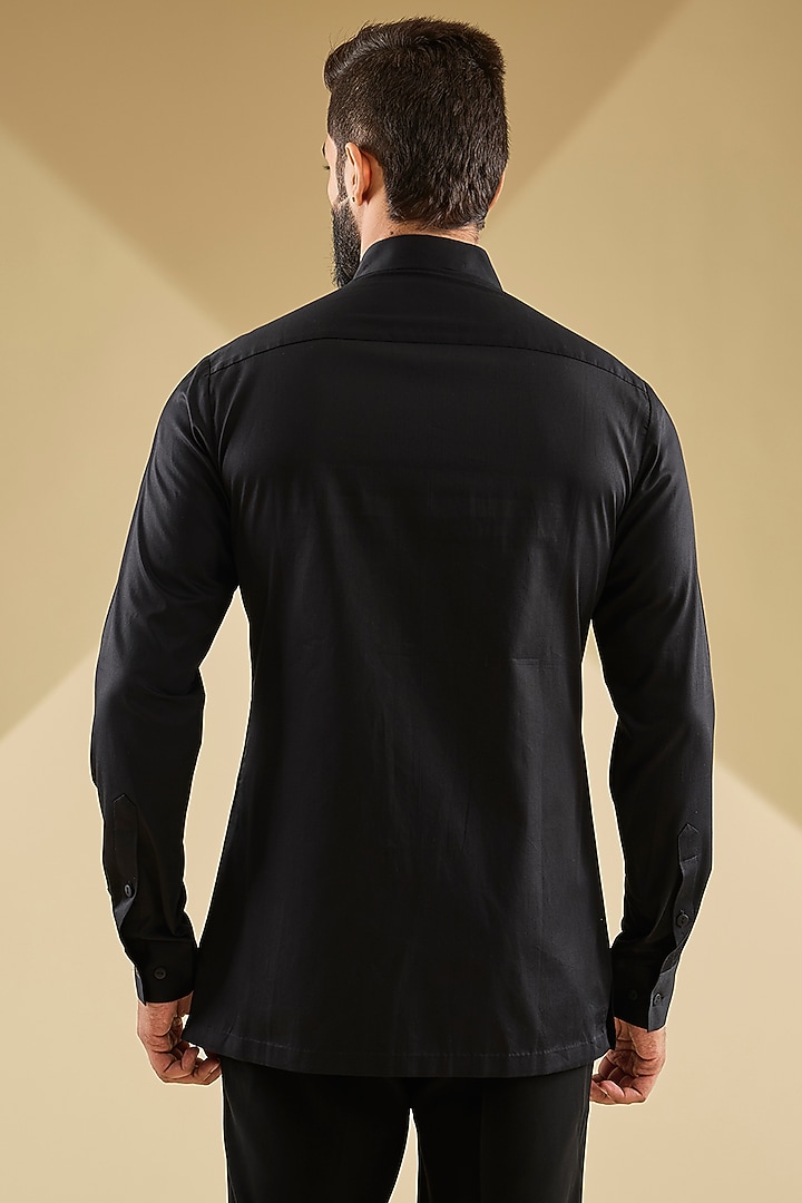 Black Cotton Satin Handwoven Metallic Polymer Wedding Shirt by Amit Aggarwal Men at Pernia's Pop Up Shop