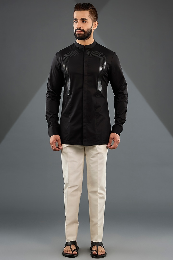 Black Satin Cotton Shirt by Amit Aggarwal Men