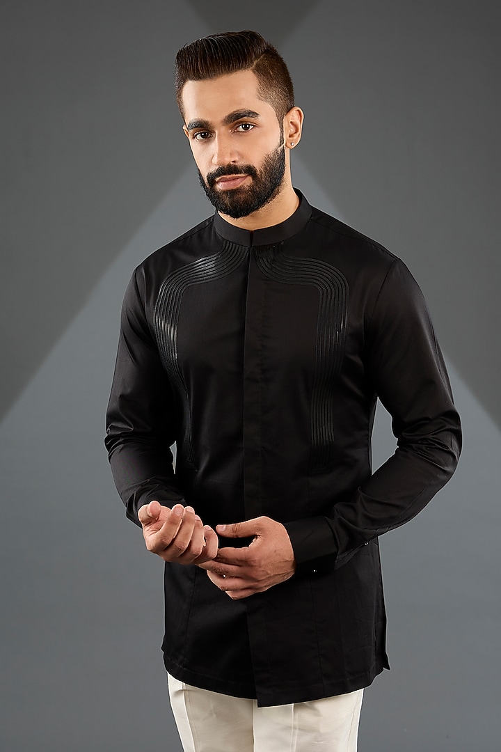 Black Satin Cotton Wedding Shirt by Amit Aggarwal Men at Pernia's Pop Up Shop