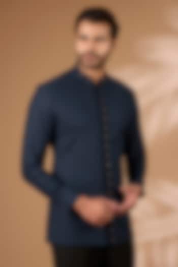 Ink Blue Satin Cotton Shirt by Amit Aggarwal Men