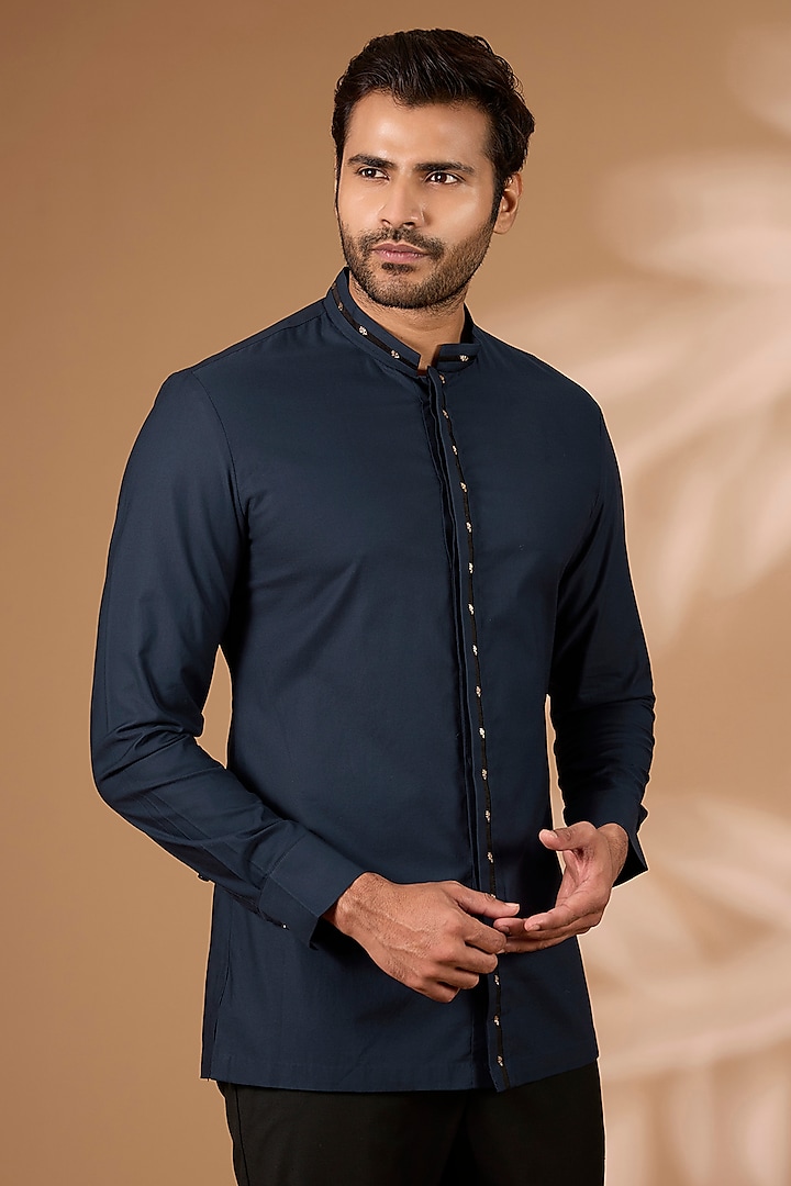 Ink Blue Satin Cotton Shirt by Amit Aggarwal Men