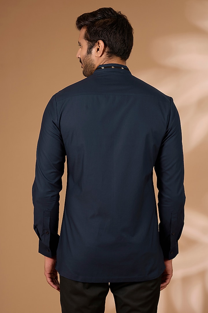 Ink Blue Satin Cotton Wedding Shirt by Amit Aggarwal Men at Pernia's Pop Up Shop