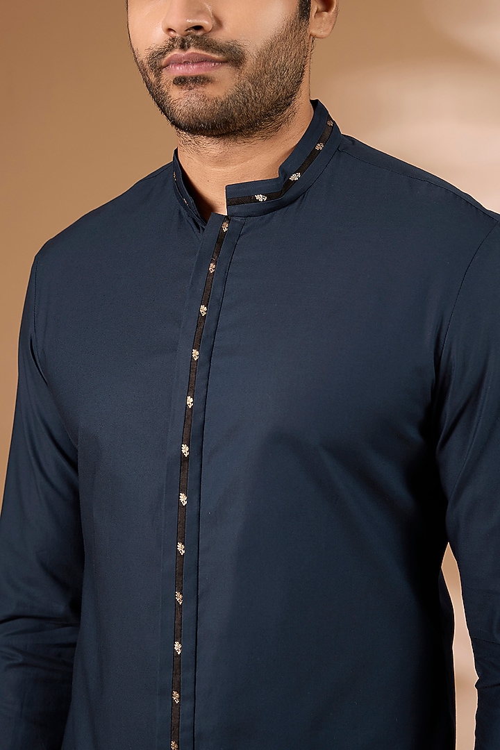 Ink Blue Satin Cotton Wedding Shirt by Amit Aggarwal Men at Pernia's Pop Up Shop