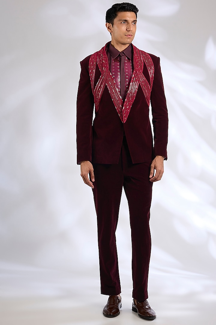 Plum Velvet Tuxedo Set by Amit Aggarwal Men