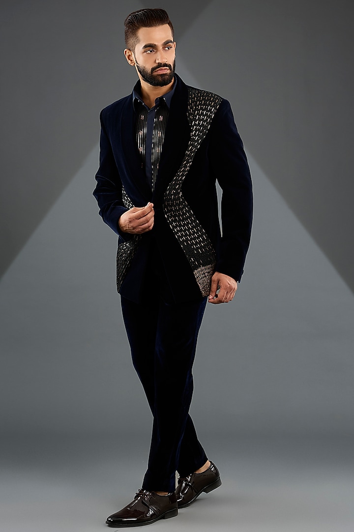 Ink Blue Velvet Tuxedo Set by Amit Aggarwal Men