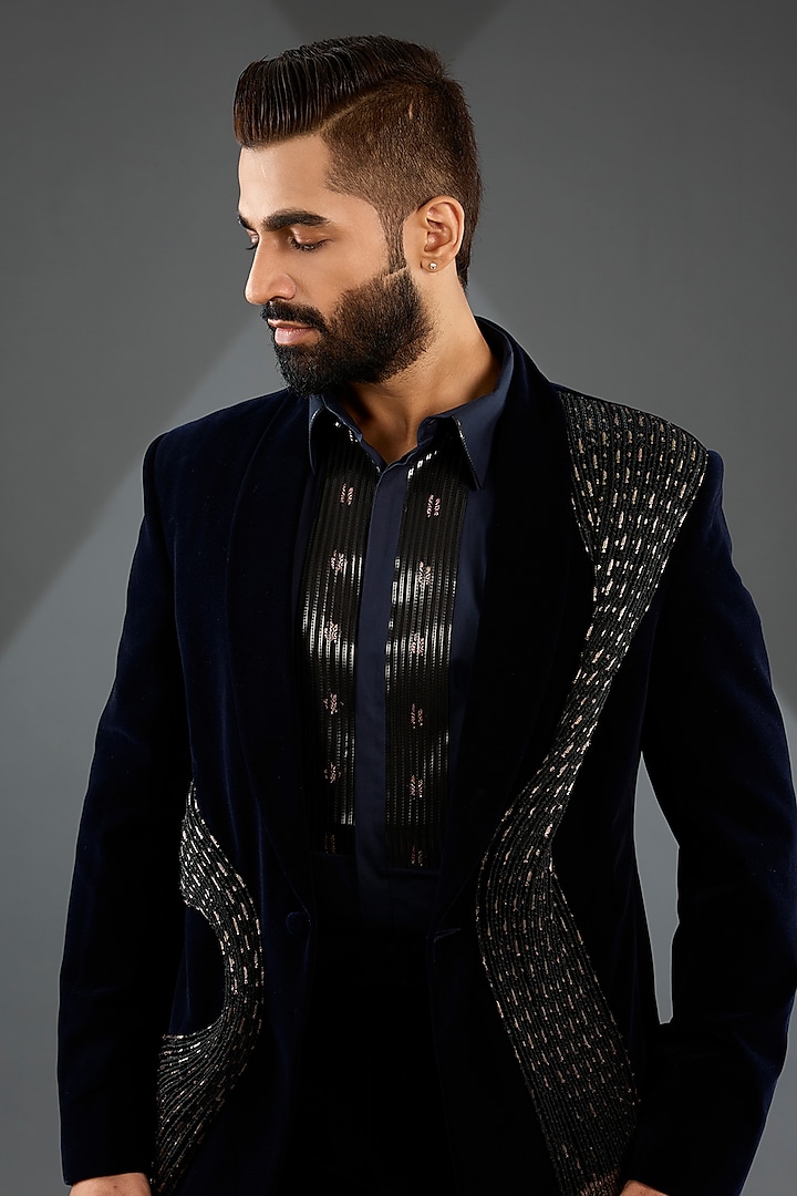 Ink Blue Velvet Tuxedo Set by Amit Aggarwal Men at Pernia's Pop Up Shop
