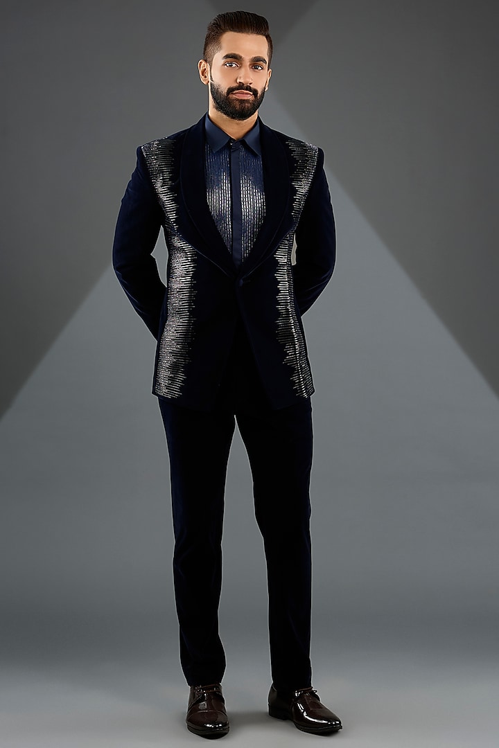 Ink Blue Velvet Tuxedo Set by Amit Aggarwal Men