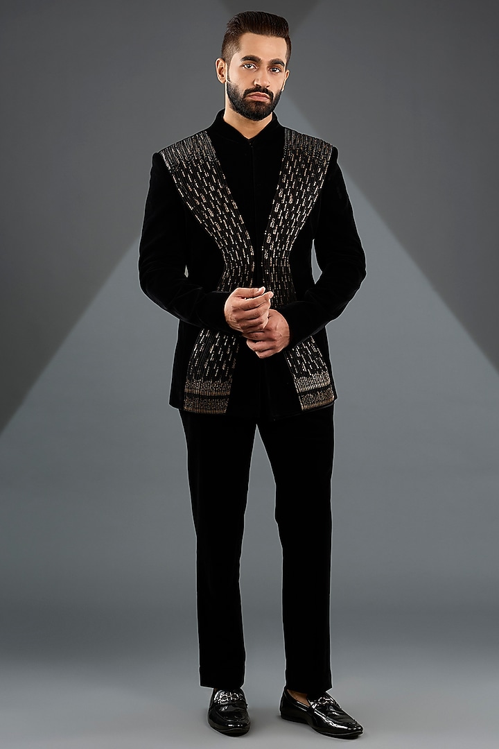 Black Velvet Tuxedo Set by Amit Aggarwal Men