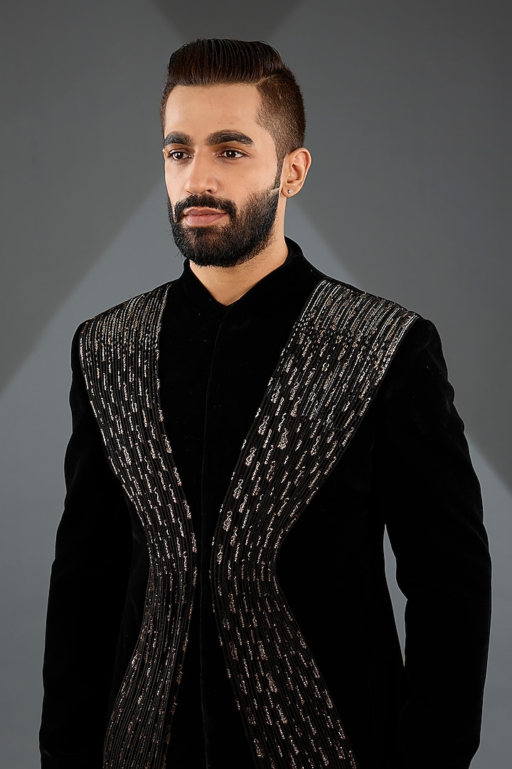 Black Velvet Tuxedo Set by Amit Aggarwal Men at Pernia's Pop Up Shop