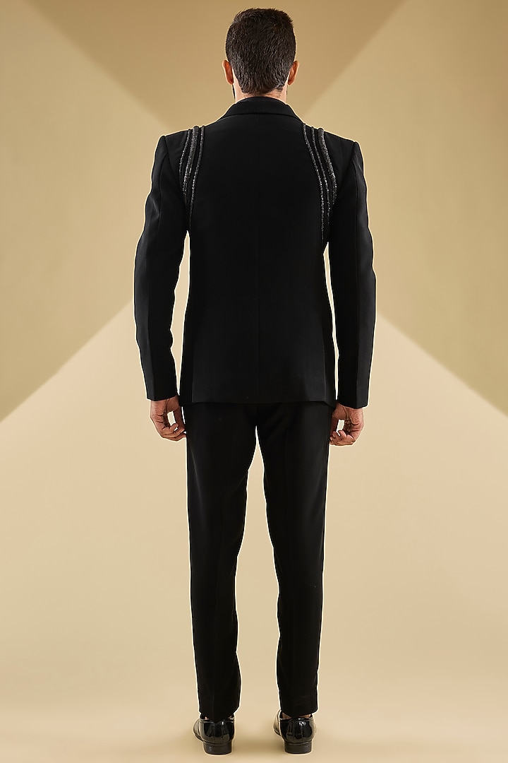 Black Satin Glassbead Tuxedo Set by Amit Aggarwal Men at Pernia's Pop Up Shop