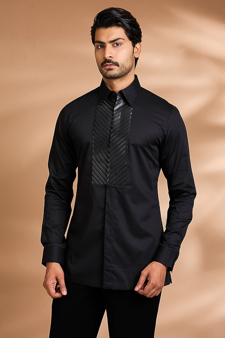 Black Cotton Satin Wedding Shirt by Amit Aggarwal Men at Pernia's Pop Up Shop