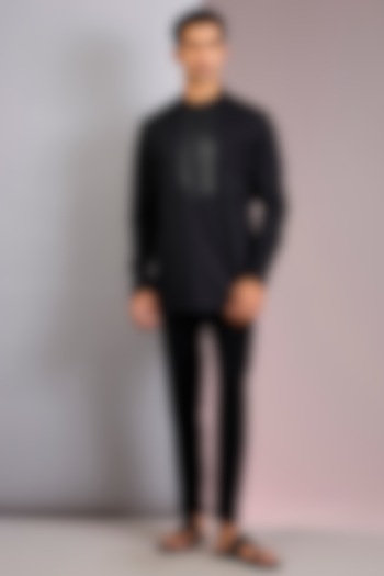 Black Cotton Satin Wedding Shirt by Amit Aggarwal Men at Pernia's Pop Up Shop
