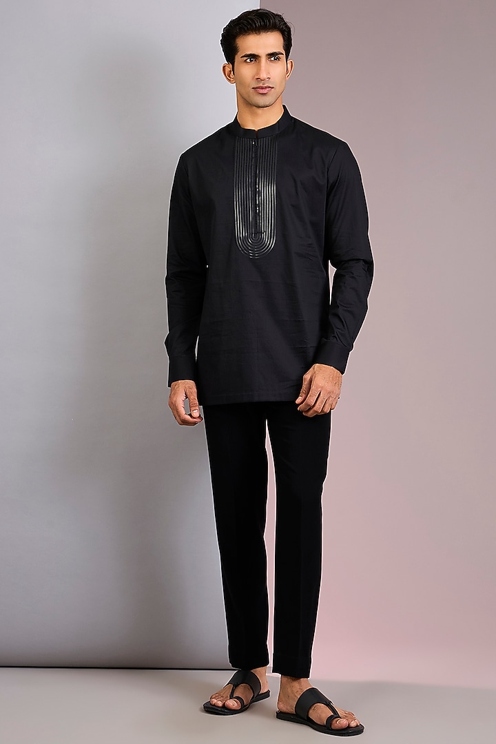 Black Cotton Satin Wedding Shirt by Amit Aggarwal Men at Pernia's Pop Up Shop