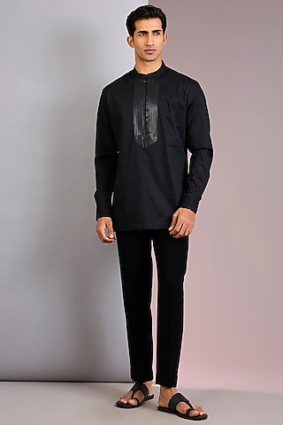 Black Cotton Satin Shirt by Amit Aggarwal Men
