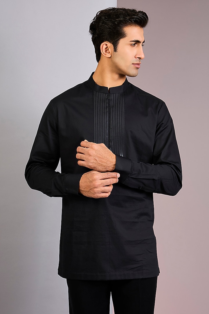 Black Cotton Satin Wedding Shirt by Amit Aggarwal Men at Pernia's Pop Up Shop