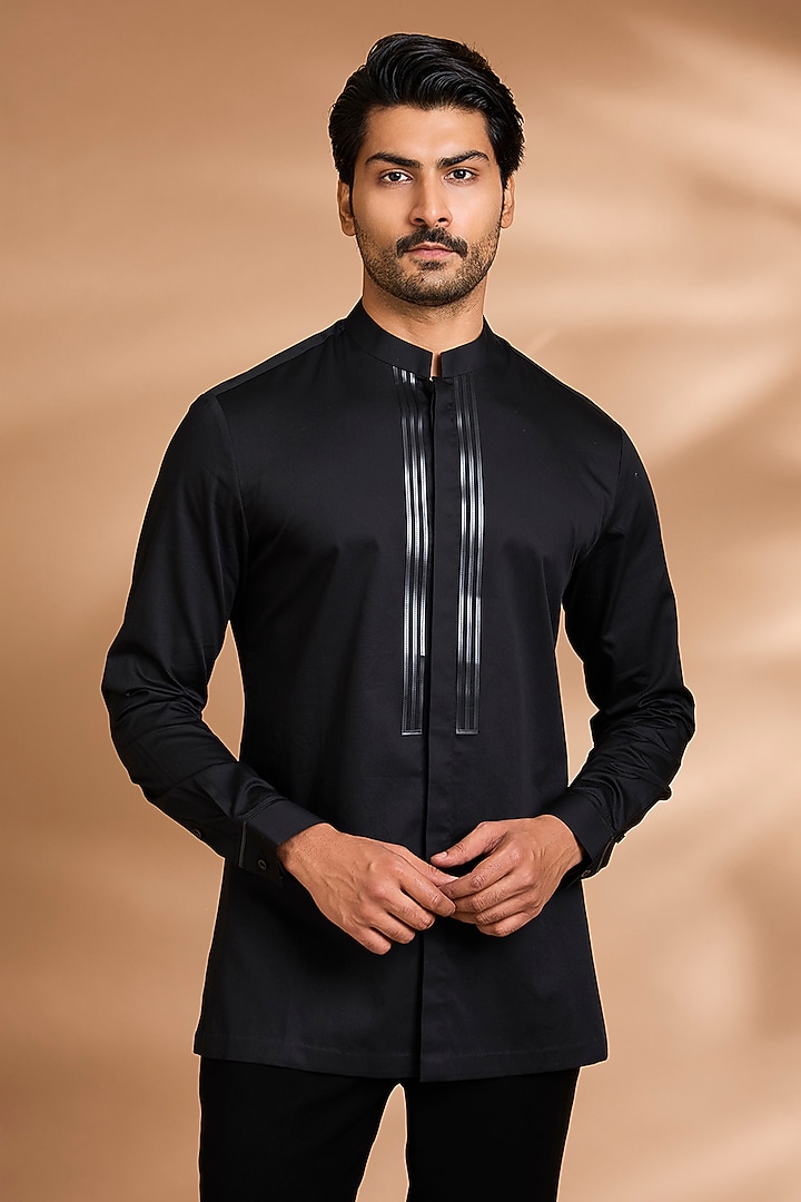 Black Cotton Satin Wedding Shirt by Amit Aggarwal Men at Pernia's Pop Up Shop