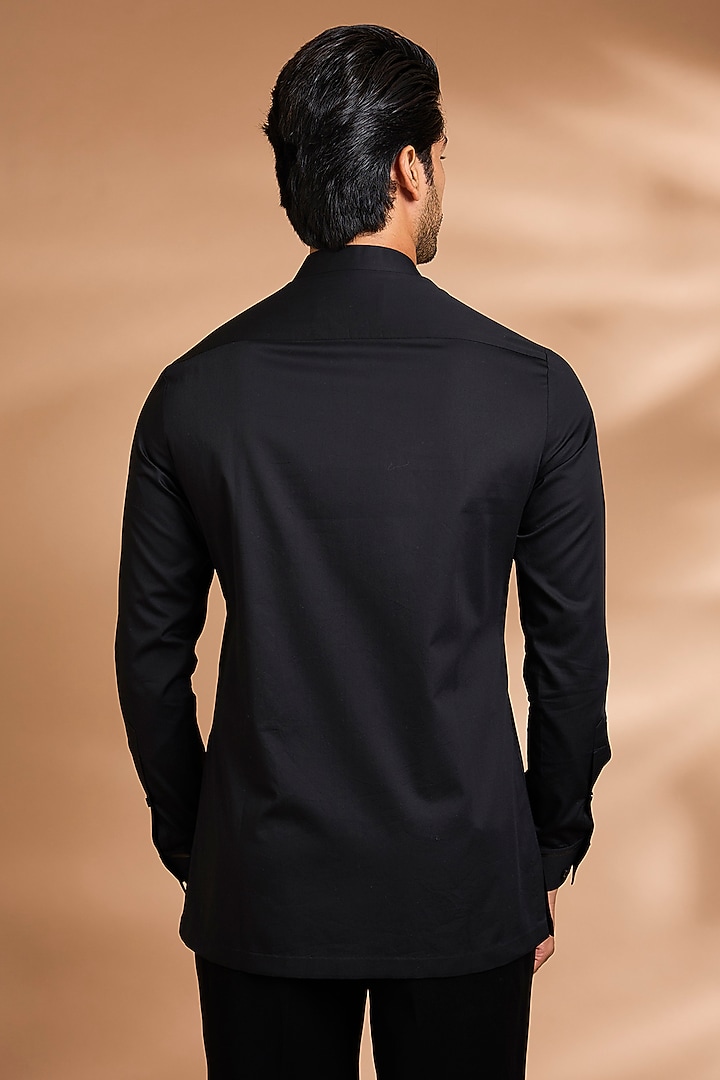Black Cotton Satin Wedding Shirt by Amit Aggarwal Men at Pernia's Pop Up Shop