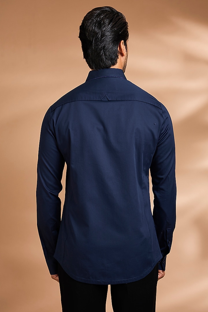 Ink Blue Cotton Satin Wedding Shirt by Amit Aggarwal Men at Pernia's Pop Up Shop
