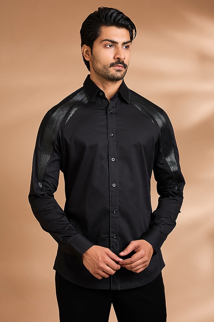 Black Cotton Satin Wedding Shirt by Amit Aggarwal Men at Pernia's Pop Up Shop